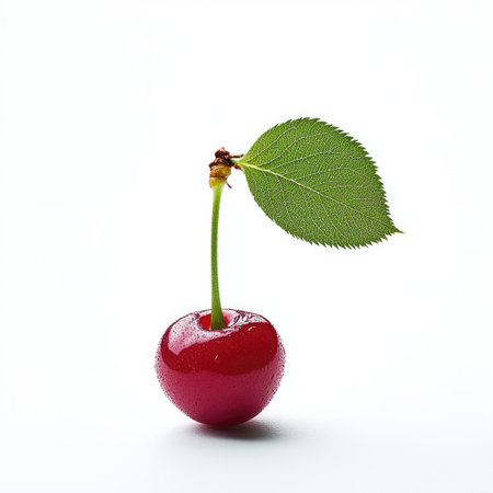 A single cherry with a small green leaf, isolated on white, symbolizing fresh fruit and nature's bounty.の素材