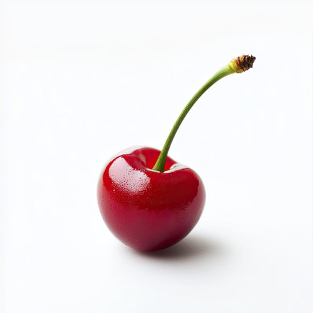 A single cherry with a long stem, isolated on a white background, showcasing its natural beauty and sweetness.の素材