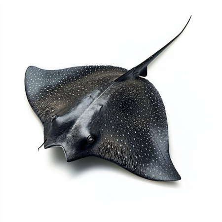 A stingray positioned diagonally, emphasizing its graceful movement, isolated on a bright white background.の素材