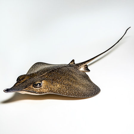 Stingray in a natural pose, slightly curved body as if swimming, with clean white background highlighting its shape.の素材