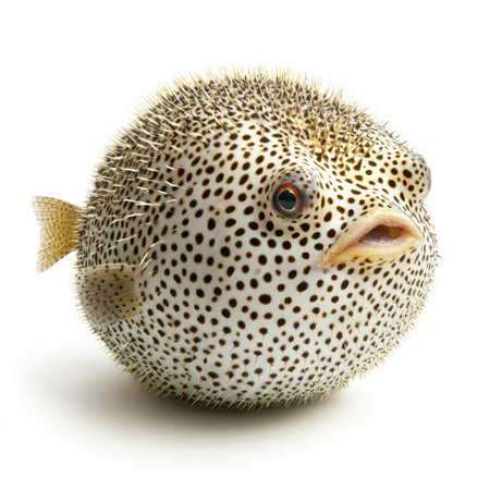 A spotted pufferfish with an inflated round body, isolated on a white background, emphasizing its defensive pose.の素材