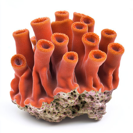 A striking red organ pipe coral with tubular formations, isolated on white, perfect for marine biology and ecosystem conservation visuals.の素材