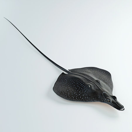 Elegant stingray with a streamlined, flattened body and long tail, positioned dynamically against a plain white background.の素材