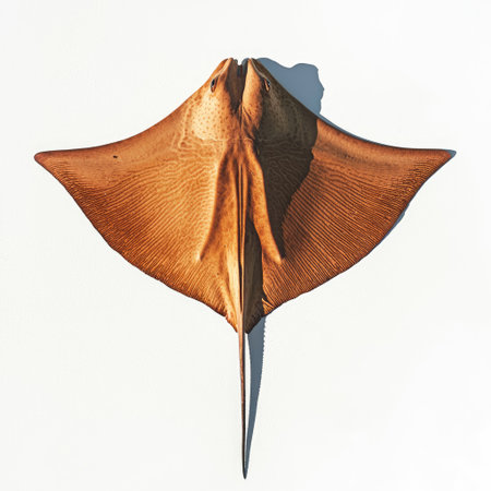 A stingray and its shadow subtly visible, isolated on a clean white background for a realistic marine aesthetic.の素材