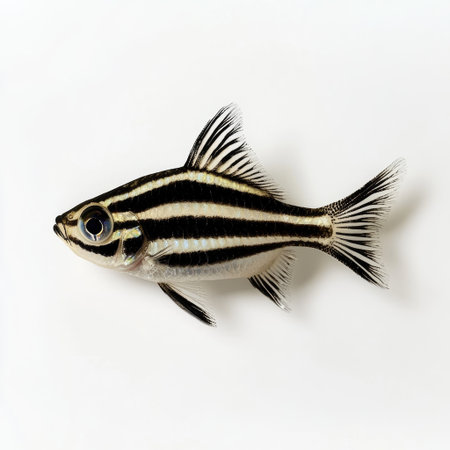 A zebra danio fish with black and white stripes, isolated on a crisp white background, highlighting its playful patterns.の素材