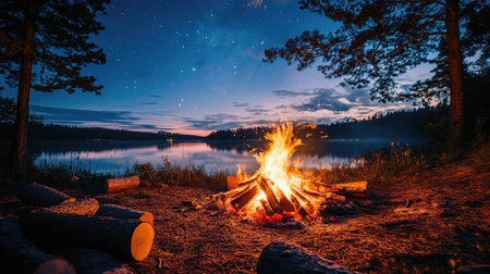 A campfire surrounded by scattered logs, with the night sky above and glowing stars visible in the distance.の素材