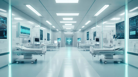 A futuristic hospital technology hub with smart medical monitors, bright sterile lighting, and white high-tech design.の素材