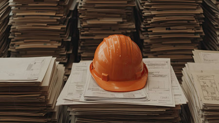 Top view of a hard hat sitting on a stack of construction permits and forms.の素材