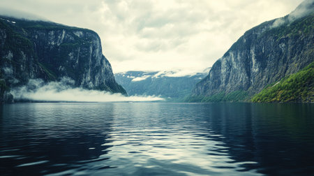 A tranquil fjord surrounded by towering mountains, morning fog hovering just above the water.の素材