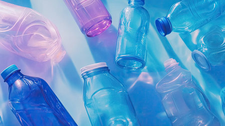 A top view of recycled plastic containers and bottles, set on a surface to show the different forms of plastic reuse.の素材