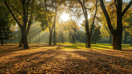 A serene autumn park with a carpet of fallen leaves and sunlight filtering through the trees.の素材