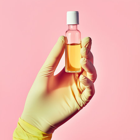 A hand wearing gloves holding a vial of serum for skincare research.の素材