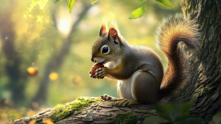 A close-up of a squirrel munching on an acorn, with its tiny paws and alert eyes in a peaceful forest setting.の素材