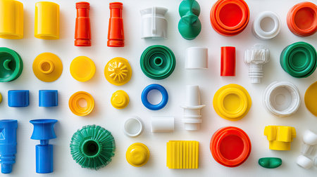 A detailed view of PC plastic parts arranged in an orderly manner on a flat surface with copy space.の素材