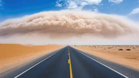 A desert highway stretching under a massive storm cloud formation, with dust rising in the distance.の素材