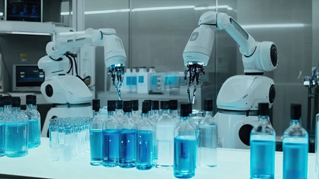 A clean and advanced AI-controlled industrial facility with robotic arms assembling products.の素材