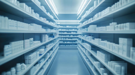 A pharmacy storage room with shelves filled with prescription medication boxes, sterile and well-organized.の素材