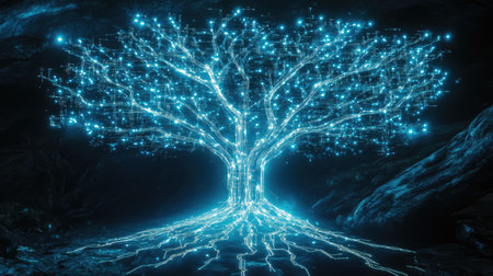 A glowing digital tree made of interconnected circuits, symbolizing the future of artificial nature.の素材