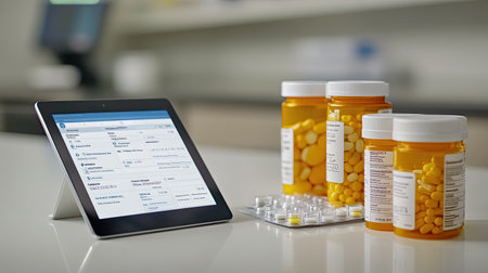 A digital pharmacy inventory system on a tablet, placed next to medicine bottles and pill organizers.の素材