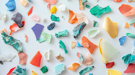 A collection of recycled plastic fragments on a white surface, showcasing the diversity of plastic waste.の素材