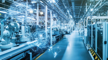 A high-tech factory setting with automated machines and digital systems communicating in perfect synchronization.の素材