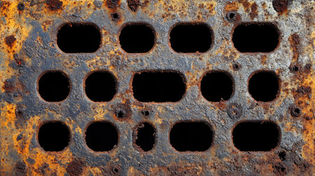 A rusted iron grate with deep pitting and an uneven surface, symbolizing industrial wear.の素材