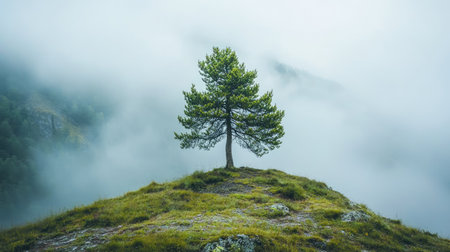 A lone pine tree standing on a foggy mountainside, surrounded by thick mist.の素材