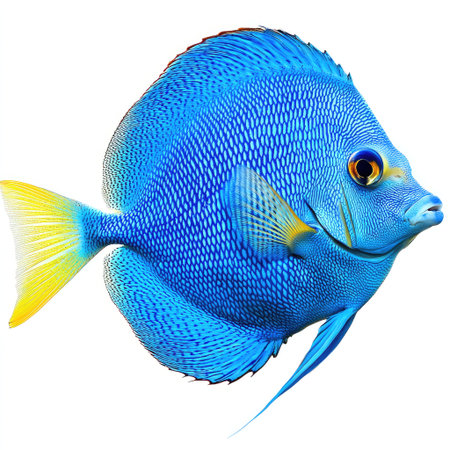 A close-up of a blue tang fish with vivid colors and smooth texture, fully isolated on a white background for high detail.の素材