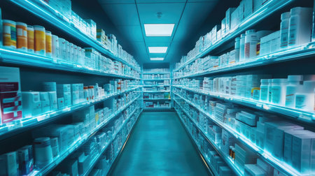 A high-tech pharmaceutical storage room with automated pill dispensers and bright LED lighting.の素材