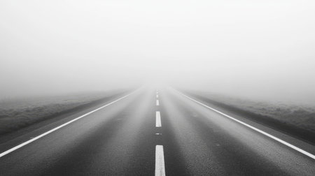 A straight highway vanishing into dense fog, with the road markings barely visible through the mist.の素材