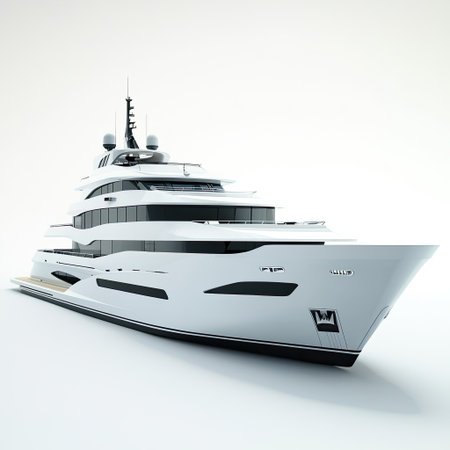 A yacht with minimalist, modern design and large windows, fully isolated on white, perfect for futuristic and luxurious travel imagery.の素材