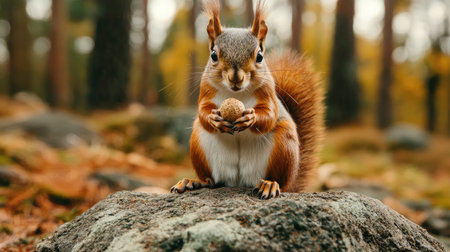 A squirrel sitting on a rock in a forest, holding a nut between its paws, looking content.の素材