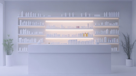 A white minimalist pharmacy counter with shelves of medicine in the background. Clean, clinical, and well-organized.の素材