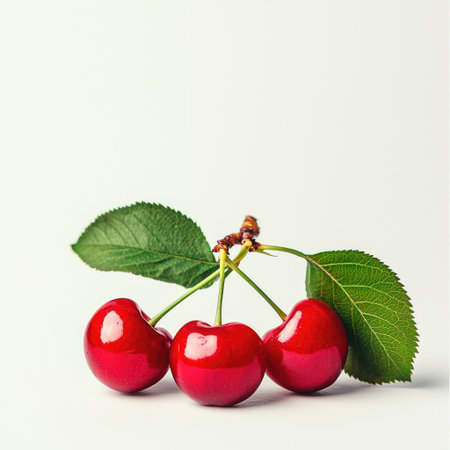 A few cherries placed on a white surface, isolated on a clean background, evoking the joy of fresh fruit.の素材