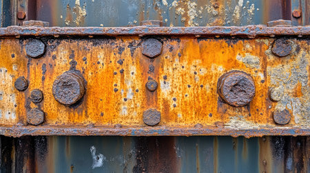 A weathered iron bridge with beams covered in orange rust, showing signs of age.の素材