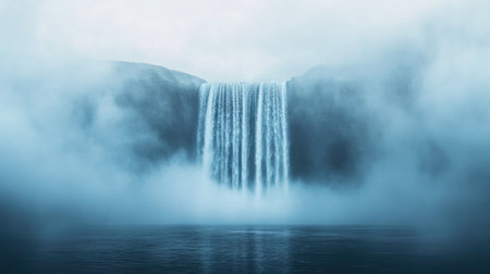 A waterfall emerging through dense morning fog, its powerful flow barely visible against the misty background.の素材