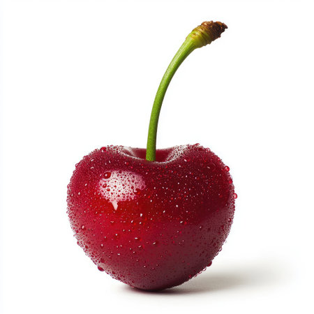A single cherry with a green stem and water droplets, isolated on white, perfect for fresh fruit and nature concepts.の素材