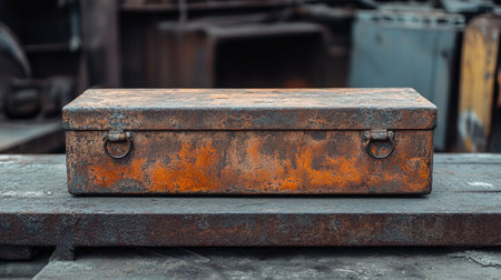 A rusty, industrial steel box with clear rust streaks and a rough, aged appearance.の素材