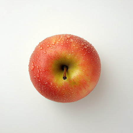 A fresh, ripe red apple with water droplets on its surface, isolated on white, ideal for promoting fresh and natural foods.の素材