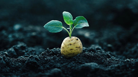 A close-up of a potato plant just beginning to sprout, growing strong in dark soil.の素材