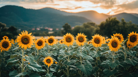 A field of sunflowers growing sustainably, used for both oil production and soil improvement.の素材