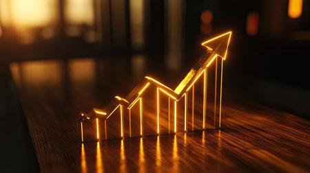 A rising bar graph with a golden arrow indicating profit growth and strong financial performance.の素材