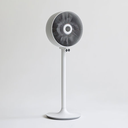 A standing pedestal fan with adjustable height, set against a clean white background.の素材