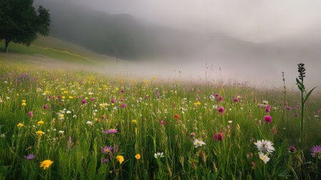 A meadow filled with wildflowers covered in mist, their vibrant colors fading into the fog.の素材