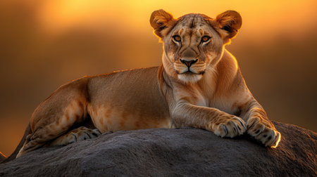 A lioness resting on a rock, with the sun casting golden light on her elegant body and soft eyes.の素材