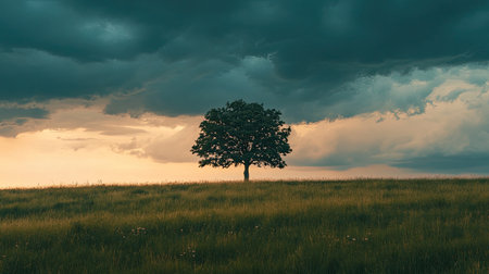 A lone tree in an open field, silhouetted against a sky filled with swirling storm clouds.の素材