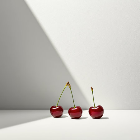 A few cherries with their green stems, isolated on white, perfect for depicting fresh fruit and healthy eating.の素材
