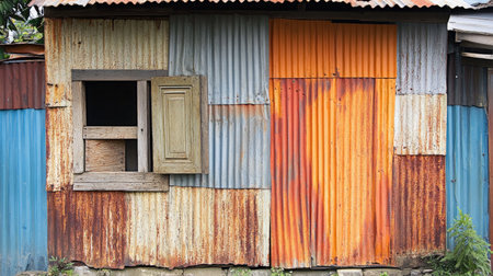 A weathered sheet of metal, covered in patches of rust, revealing a mix of orange and brown corrosion.の素材