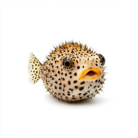 A spotted pufferfish with an inflated round body, isolated on a white background, emphasizing its defensive pose.の素材