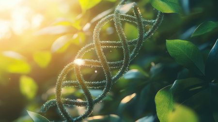 A conceptual image of a DNA helix overlaid on top of plant leaves, symbolizing genetic plant breeding and modification.の素材
